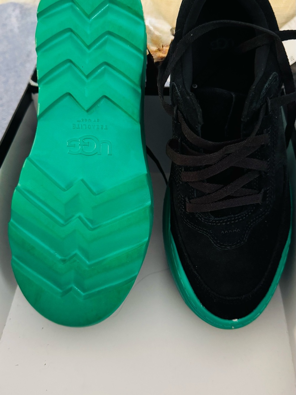 UGG unisex , very rare .Black Suede Sneakers with Teal-Green Sole